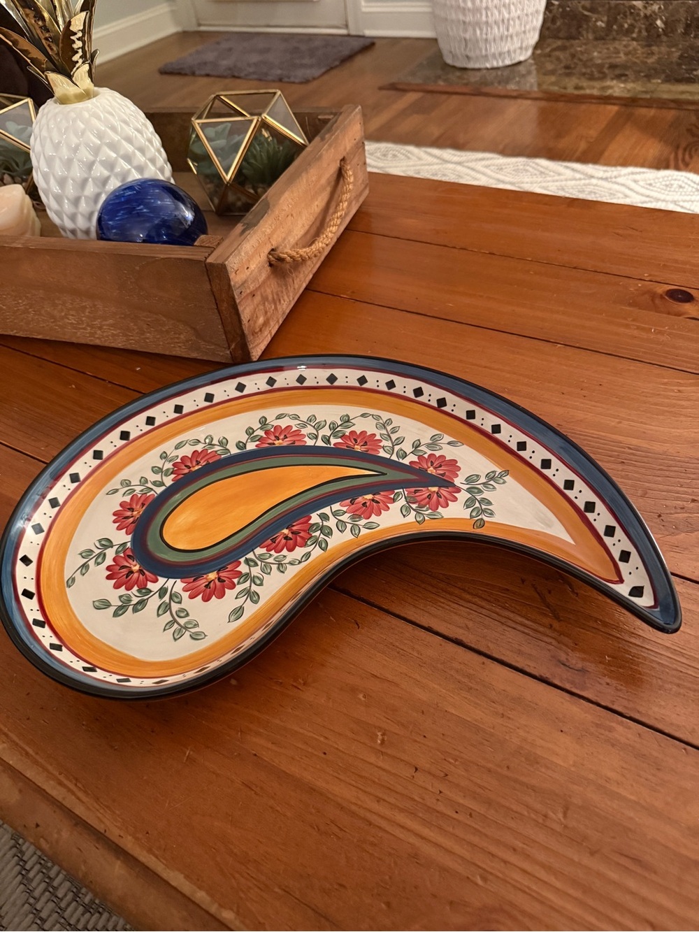 PIER 1 Alexandria 16" Paisley Shape Serving Platter VTG Hand Painted Earthenware